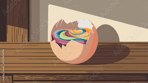 Cracked eggshell filled with swirling colorful liquids, illuminated by light.