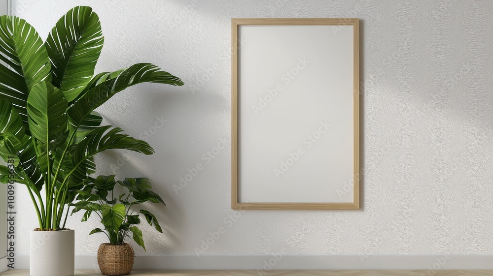 Modern room setting with a mirror and large decorative plant. Modern room setting with a mirror and large decorative plant.