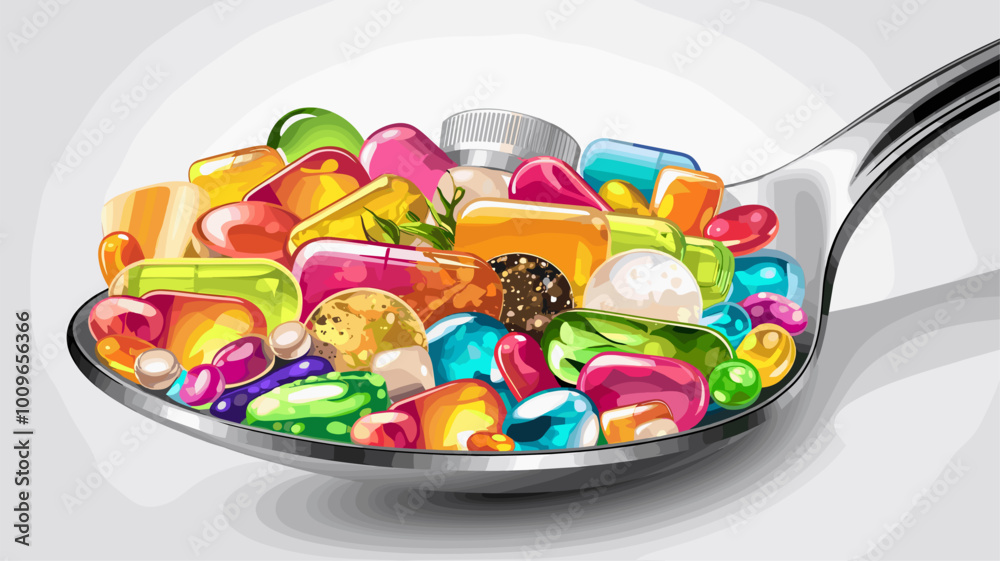 Close-up of silver spoon overflowing with colorful health supplements. Close-up of silver spoon overflowing with colorful health supplements.