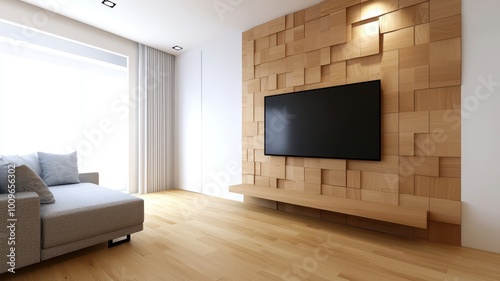 Modern living room with wooden wall and television setup, bright and minimalistic design.