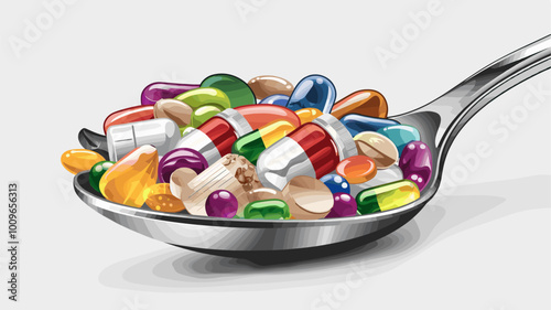 Close-up of silver spoon overflowing with colorful health supplements.