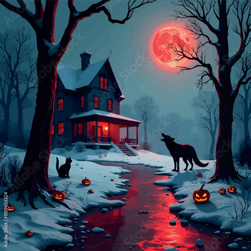 "A Halloween night scene with a haunted house, A large, full moon shines brightly in the sky, a menacing wolf stands howling at the moon. vector illustration2