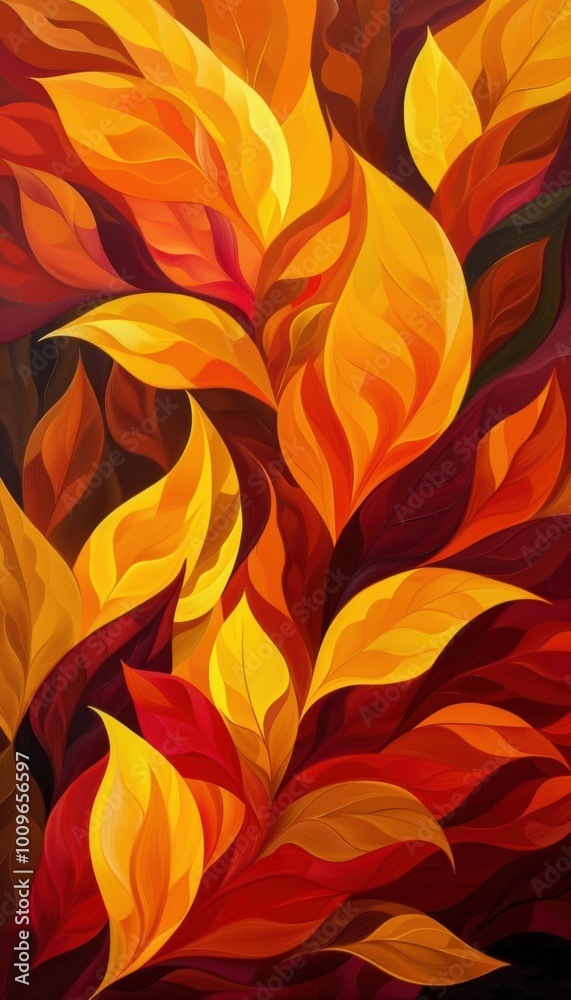 Dynamic Autumn Abstraction with Swirling Leaves in Vibrant Warm Hues of Orange, Yellow, and Deep Red Dynamic Autumn Abstraction with Swirling Leaves in Vibrant Warm Hues of Orange, Yellow, and Deep Red