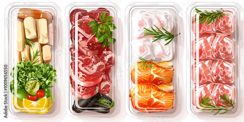 Four different types of meat and vegetables are displayed in clear plastic containers. The vegetables include broccoli, carrots, and celery, while the meats include beef, chicken, and pork