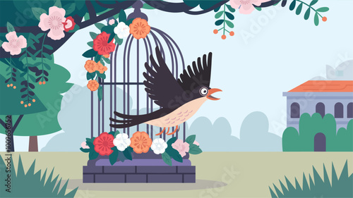 Bird taking flight from flower-adorned cage, symbolizing freedom.