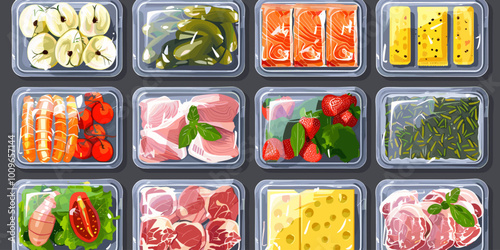 A collection of food items in plastic containers, including meat, cheese, and vegetables. Concept of abundance and variety, with a focus on healthy and nutritious options