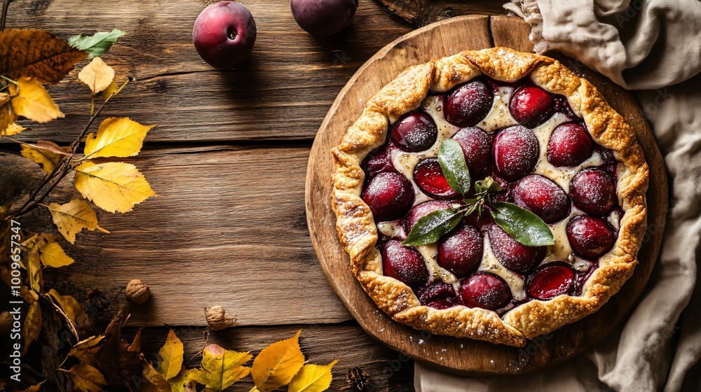 Plums galette placed on a simple wooden table, with only a neutral-colored linen cloth and a few golden autumn leaves in the background Plums galette placed on a simple wooden table, with only a neutral-colored linen cloth and a few golden autumn leaves in the background