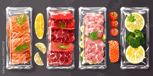 Four different types of food are displayed in clear plastic containers. The food includes salmon, broccoli, tomatoes, and lemons