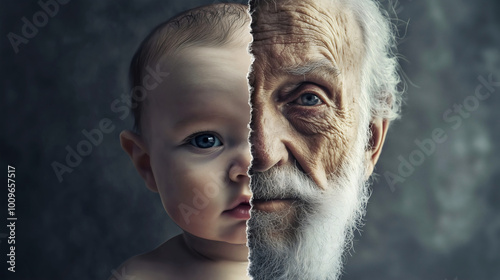 The image symbolizes youth and old age, representing the beginning and end of life. It depicts youth gradually transforming into old age over a period of time. photo