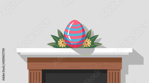 Minimalist composition of hand-painted Easter egg on white mantelpiece.