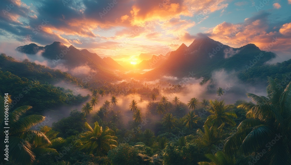 Sunlit Mountains and Tropical Rainforest Sunlit Mountains and Tropical Rainforest