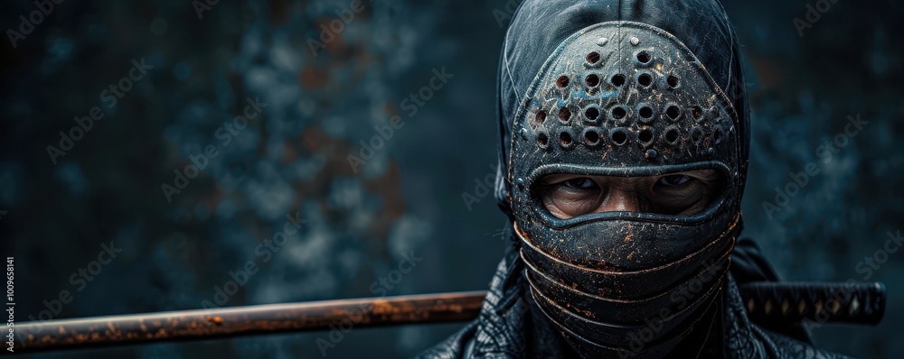 Naklejka premium Focused kendo warrior in full armor with twin bokuto, dim studio background. Free copy space for text.