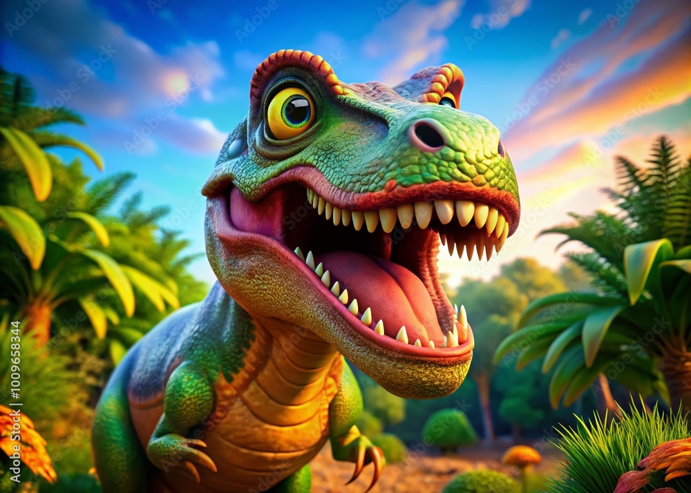 Fototapeta premium Cartoon T-Rex Character with Colorful Features and Playful Expression in a Fun Animated Style