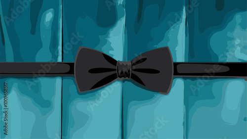 Black bow tie on turquoise velvet backdrop.