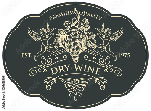 Vintage Vector label wine with curlicues, angels and grapes on black background in baroque style. Hand-drawn illustration with inscription.