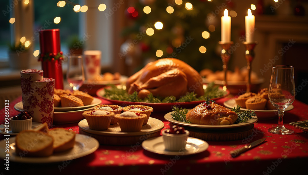 Festive Holiday Dinner With Turkey and Desserts on a Decorated Table Festive Holiday Dinner With Turkey and Desserts on a Decorated Table