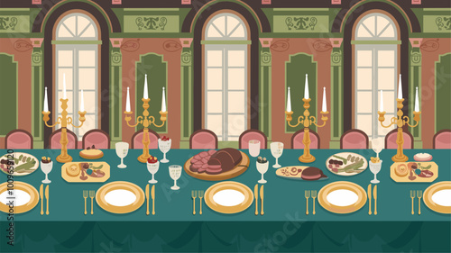Royal banquet table with green velvet tablecloth, gold candelabras, and crystal glassware.