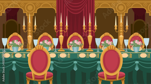 Royal banquet table with green velvet tablecloth, gold candelabras, and crystal glassware.