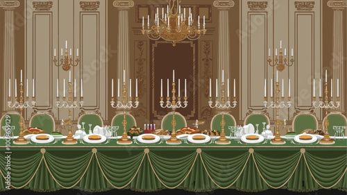 Royal banquet table with green velvet tablecloth, gold candelabras, and crystal glassware.