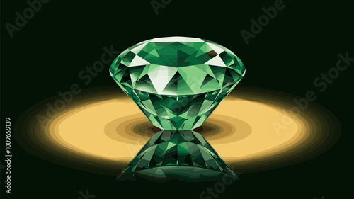 Single polished emerald gemstone reflecting golden spotlight on black background.
