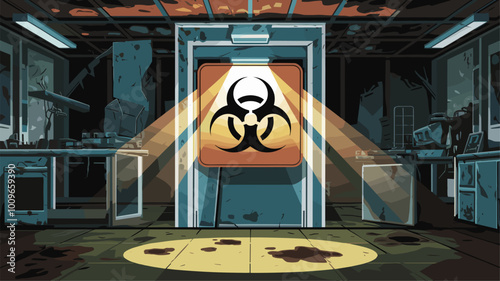 Biohazard warning sign illuminated by flickering light in abandoned lab.