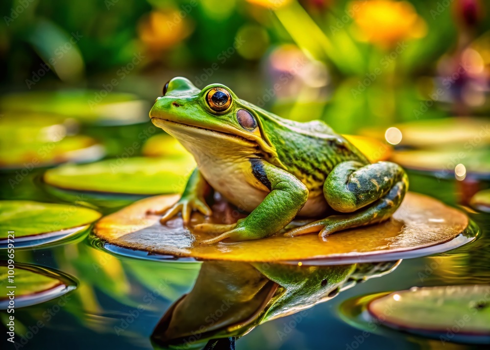 Charming Anthropomorphic Frog Sitting on a Lily Pad Surrounded by Nature in a Vibrant Green Setting Charming Anthropomorphic Frog Sitting on a Lily Pad Surrounded by Nature in a Vibrant Green Setting