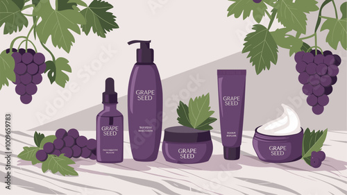 Variety of grape seed beauty products displayed on marble countertop with grapes and vines.