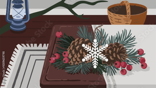 Silver snowflake charm nestled amongst winter berries and pinecones on wooden table.