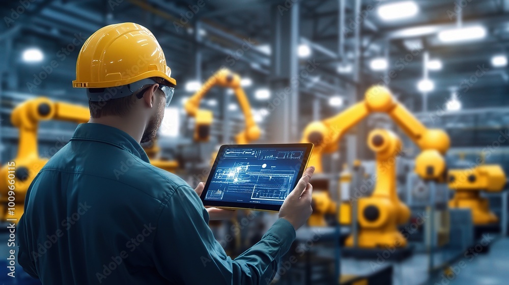Engineer Managing Robots in Modern Industrial Factory Engineer Managing Robots in Modern Industrial Factory