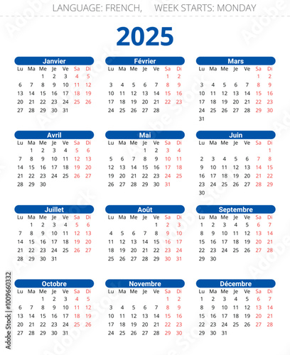 2025 french calendar. Printable, editable simple vector illustration for France. 12 months calendrier