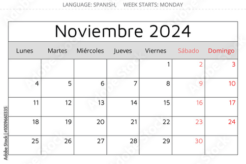 October 2024 SPANISH calendar - Noviembre. Vector illustration. Monthly planning for business in Spain