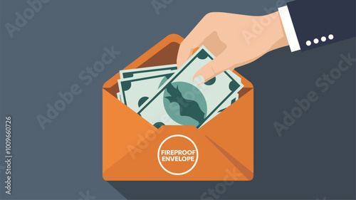 Hand placing banknotes into fireproof envelope, highlighting physical security.
