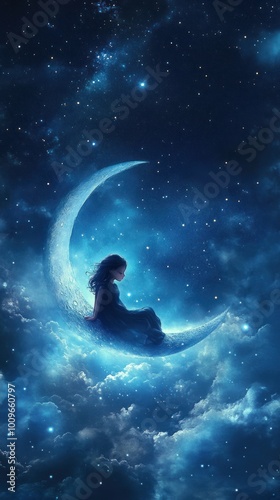 A serene figure sits on a crescent moon amidst a starry night sky, evoking tranquility.