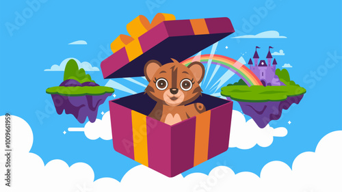 Gift box bursting open, revealing magical world with curious animal cub.