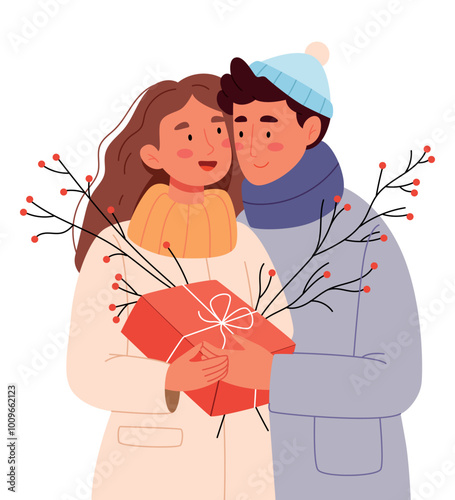 A couple in love in winter clothes give gifts. New Year's decor. 