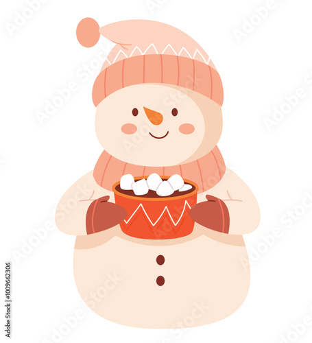 A snowman in a hat and mittens drinks cocoa with marshmallows.Happy winter snow man in hat