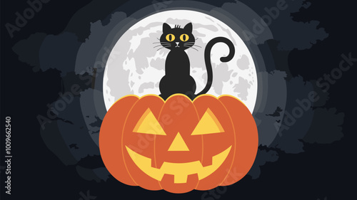 Jack-o'-lantern with black cat on top, silhouetted against full moon.