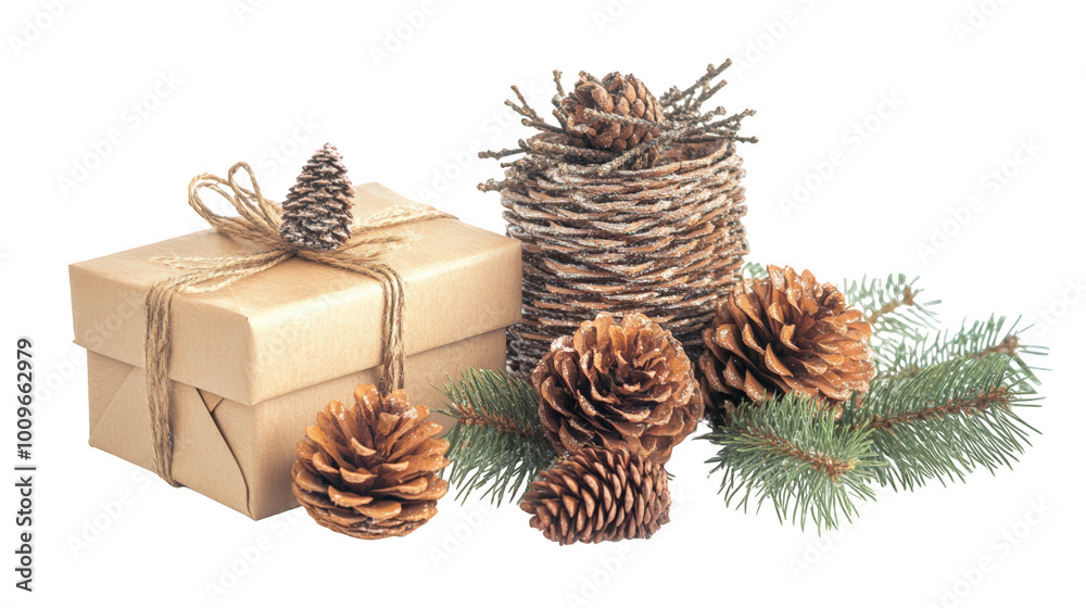 Rustic Christmas Gifts with Natural Decorations, Eco-Friendly Holiday Presents, Pine Cones and Branches, Kraft Paper Wrapped Packages on White Background
