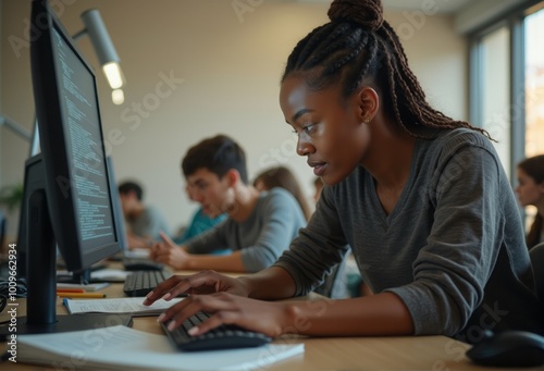 A young woman works on a desktop computer in a classroom, focusing on her task with other students around her. The image highlights education, technology, and student life in a learning environment.