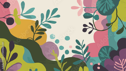 Nature-inspired mural wallpaper with flowing lines and organic shapes in vibrant hues.