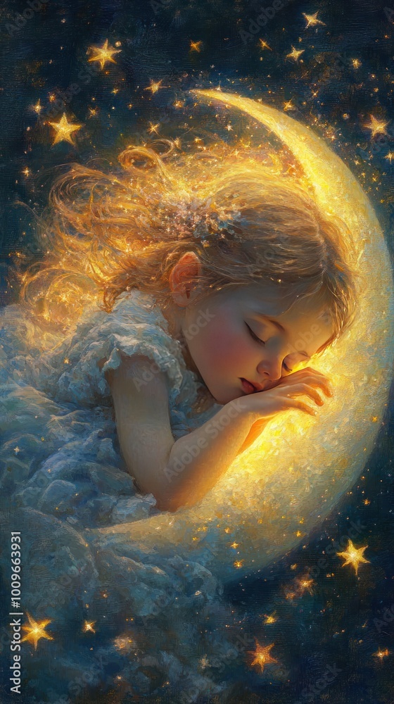 A serene child sleeps peacefully against a glowing crescent moon, surrounded by stars. A serene child sleeps peacefully against a glowing crescent moon, surrounded by stars.