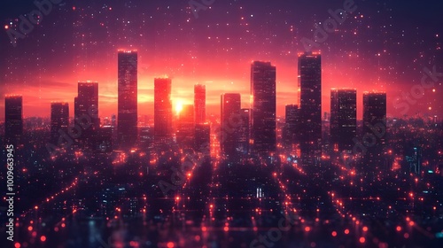 Wallpaper Mural A vibrant city skyline illuminated by red lights, showcasing towering skyscrapers against the night sky. Torontodigital.ca