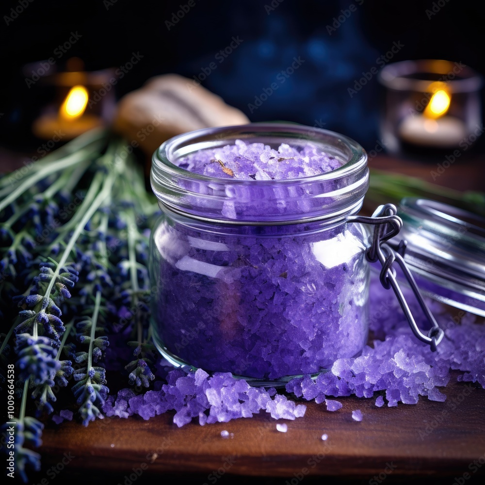 Lavender spa salt in a glass jar on wooden backdrop,blurred background, close up, space for text Lavender spa salt in a glass jar on wooden backdrop,blurred background, close up, space for text