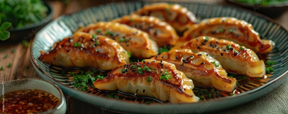 Golden-brown Japanese gyoza dumplings with chives and soy dipping sauce. Golden-brown Japanese gyoza dumplings with chives and soy dipping sauce.