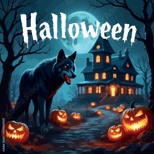 "A Halloween night scene with a haunted house, A large, full moon shines brightly in the sky, a menacing wolf stands howling at the moon. vector illustration3