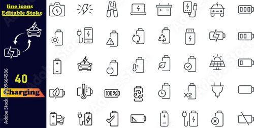 Charging icon set. Containing charge, battery, energy, electricity, charger, recharge, electric car and charging station icons.