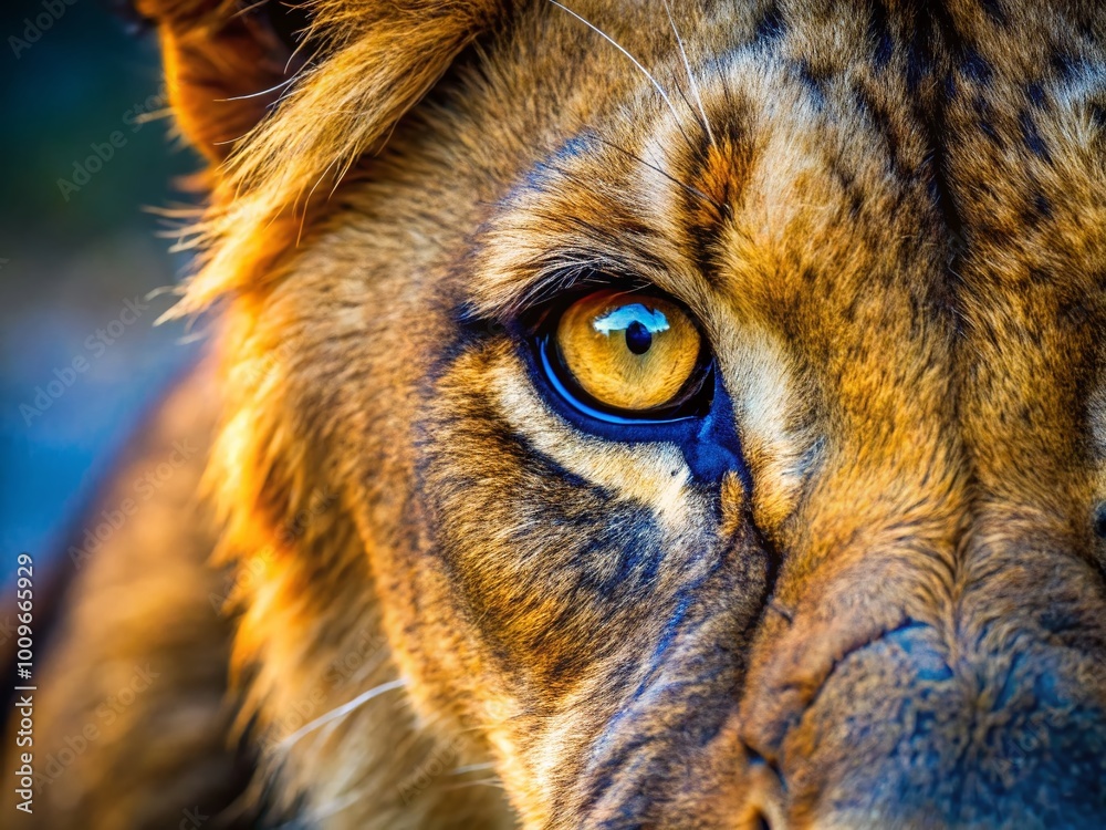 Naklejka premium Close-up of a Lion's Eye Showcasing Stunning Colors and Intricate Patterns in Natural Light