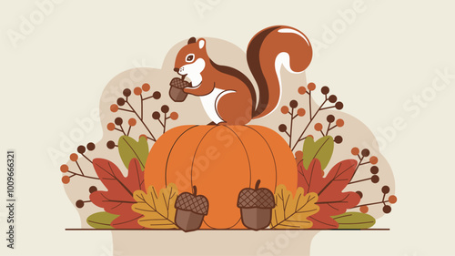 Squirrel perched on pumpkin with acorns, surrounded by autumn leaves.