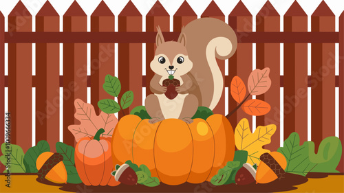 Squirrel perched on pumpkin with acorns, surrounded by autumn leaves.