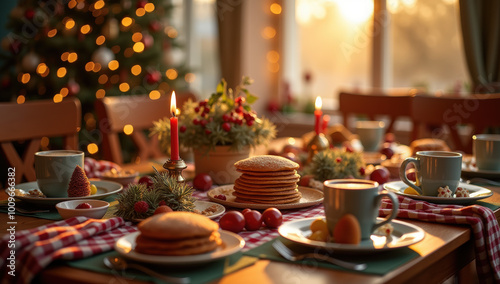 Festive Breakfast Table With Pancakes and Decorations During the Holidays